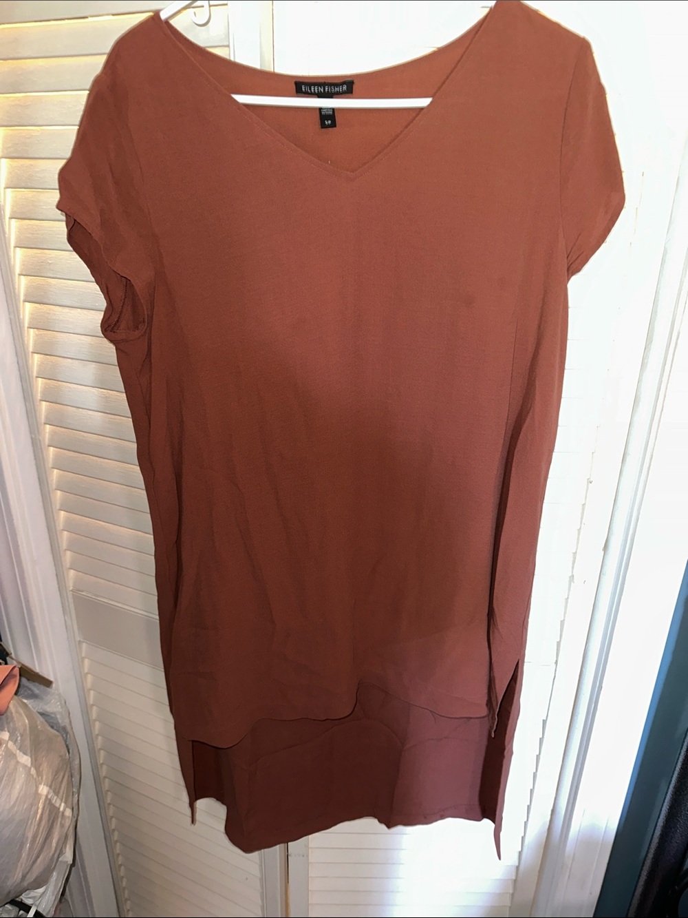 Eileen Fisher Rust Brown V-Neck Short Sleeve Layered Tunic